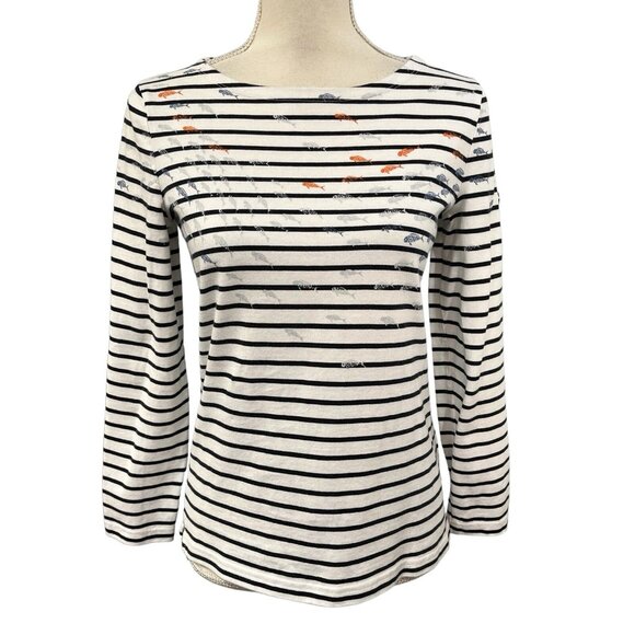Barbour Top Womens 6 White Blue Striped‎ Fish Print Boat Neck Nautical Preppy - Picture 1 of 7